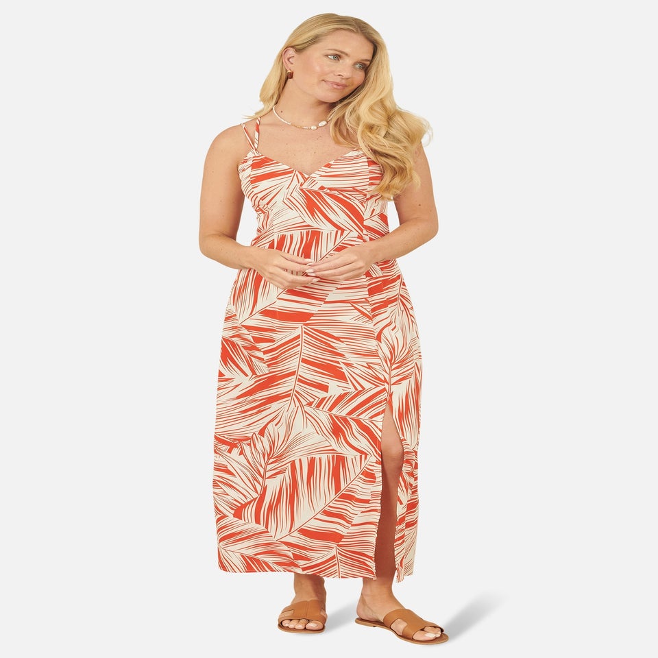 Yumi Orange Leaf Print Maxi Dress With Cross Back