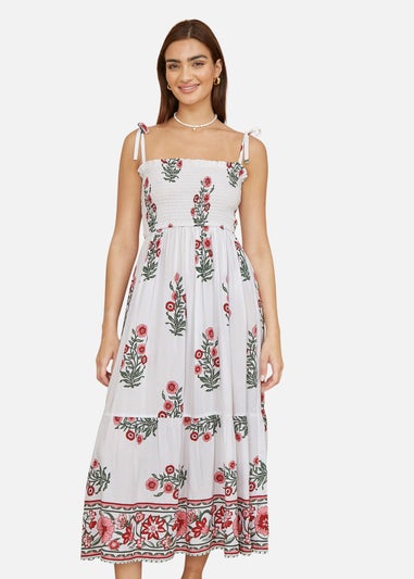 Yumi White Floral Printed Smocked Midi Dress