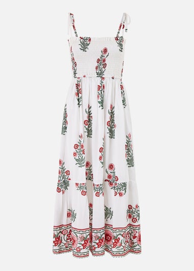 Yumi White Floral Printed Smocked Midi Dress