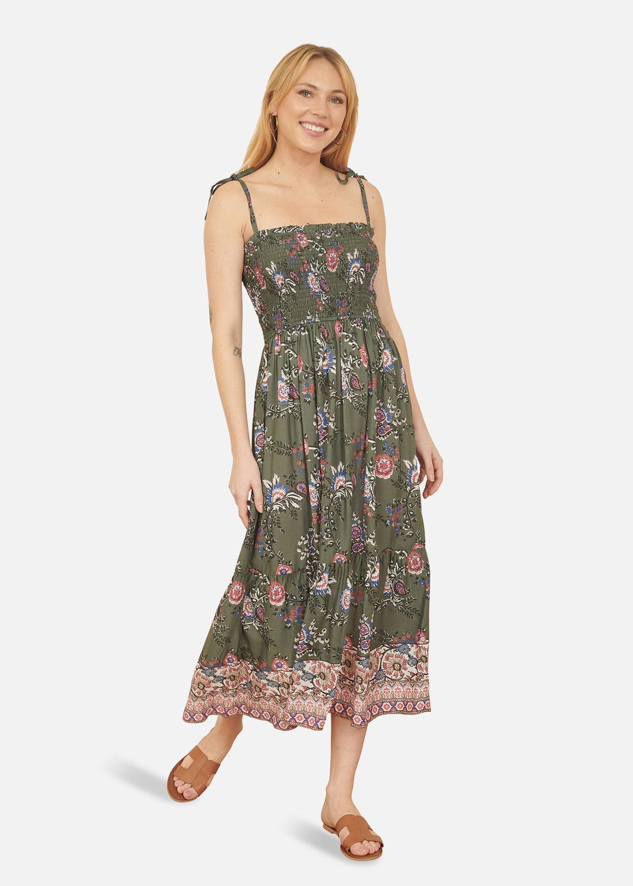 Yumi Green Strappy Paisley Print Midi Dress With Ruched Bodice