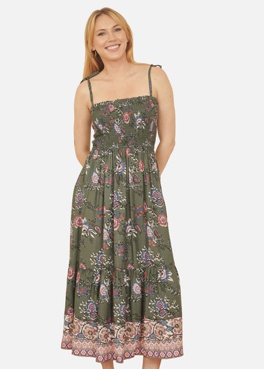 Yumi Green Strappy Paisley Print Midi Dress With Ruched Bodice