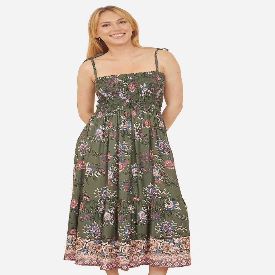 Yumi Green Strappy Paisley Print Midi Dress With Ruched Bodice
