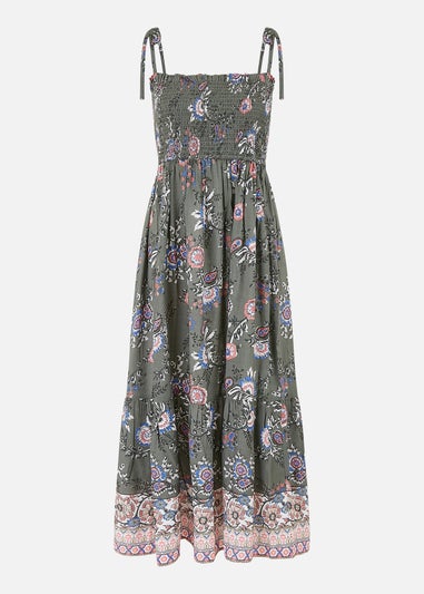 Yumi Green Strappy Paisley Print Midi Dress With Ruched Bodice