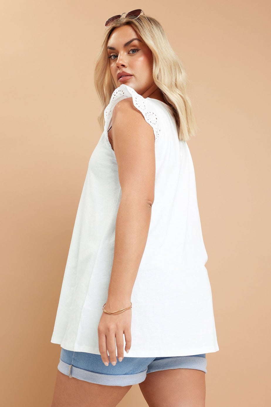 Yours Curve White Broderie Anglaise Frill Vest Top