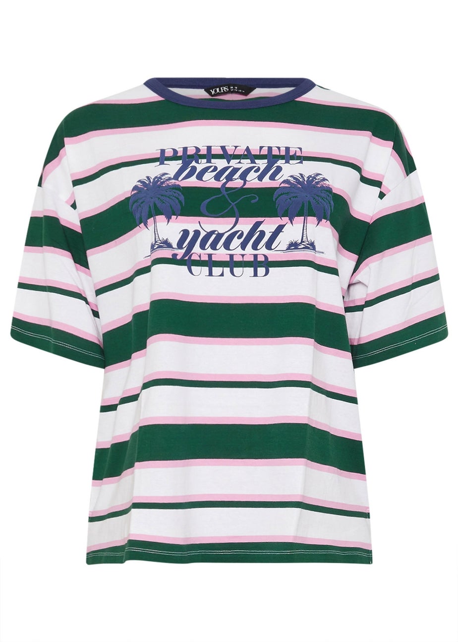 Yours Curve Green 'Beach Club' Slogan Stripe T-Shirt