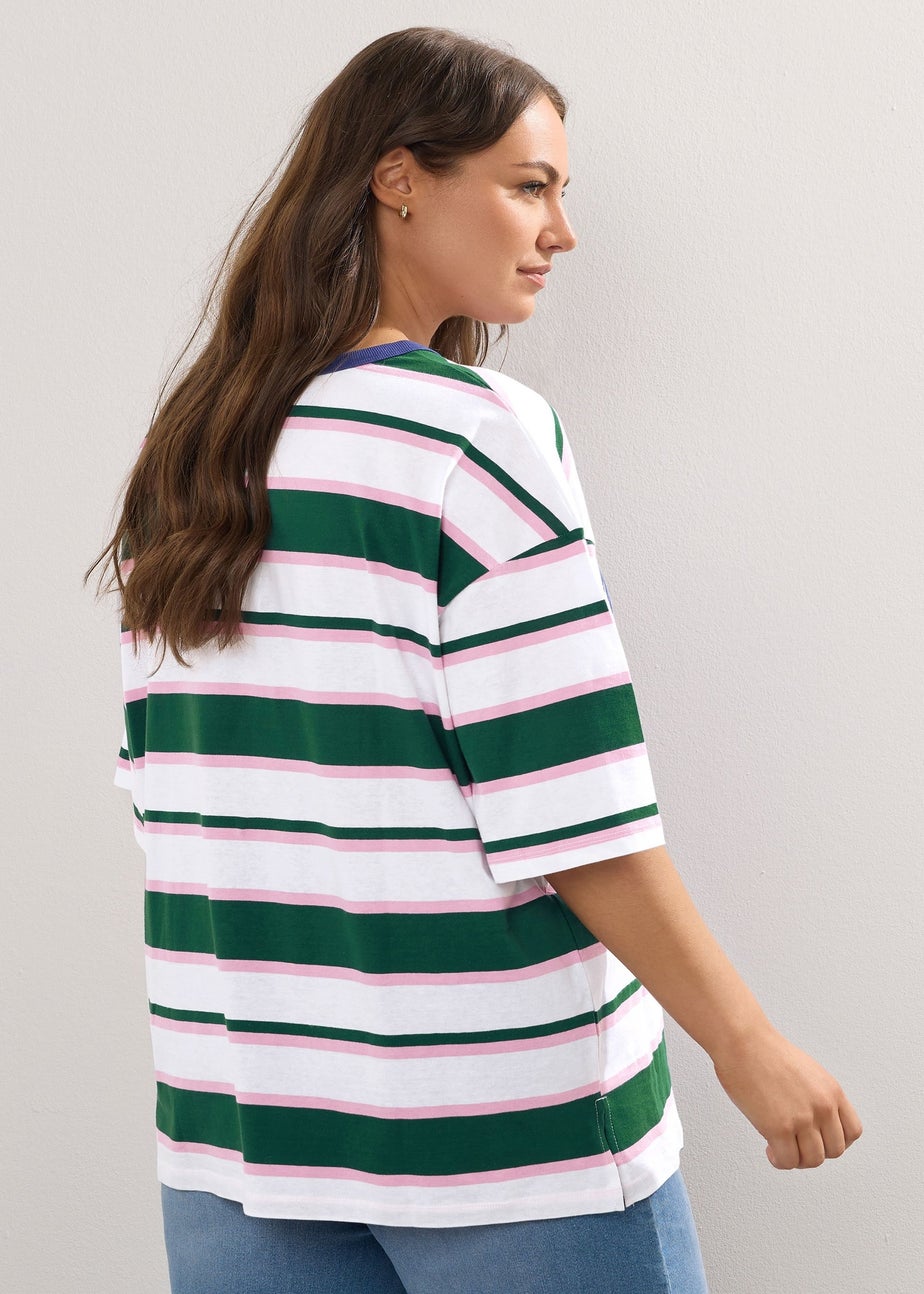Yours Curve Green 'Beach Club' Slogan Stripe T-Shirt