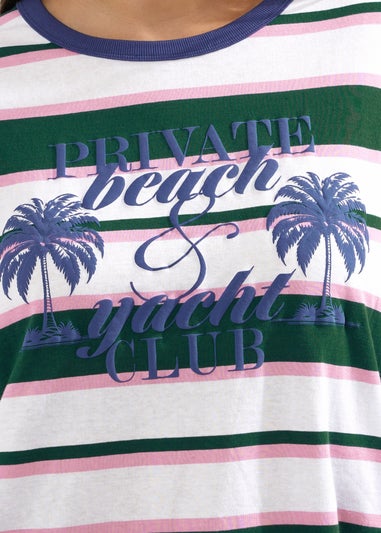 Yours Curve Green 'Beach Club' Slogan Stripe T-Shirt
