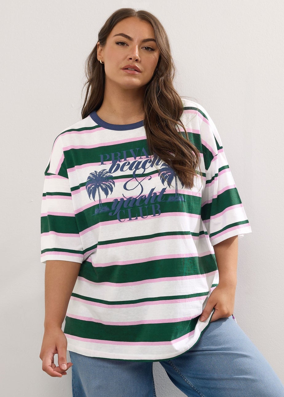 Yours Curve Green 'Beach Club' Slogan Stripe T-Shirt