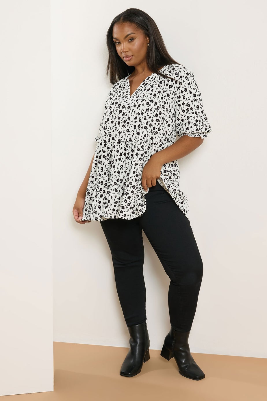 Yours Curve White Ditsy Floral Tiered Top