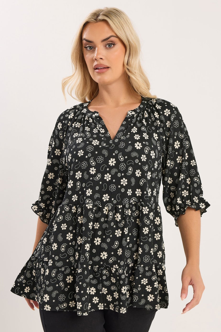 Yours Curve Black Floral Paisley Print Tiered Top