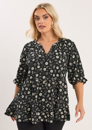 Yours Curve Black Floral Paisley Print Tiered Top