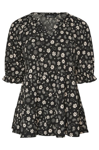 Yours Curve Black Floral Paisley Print Tiered Top