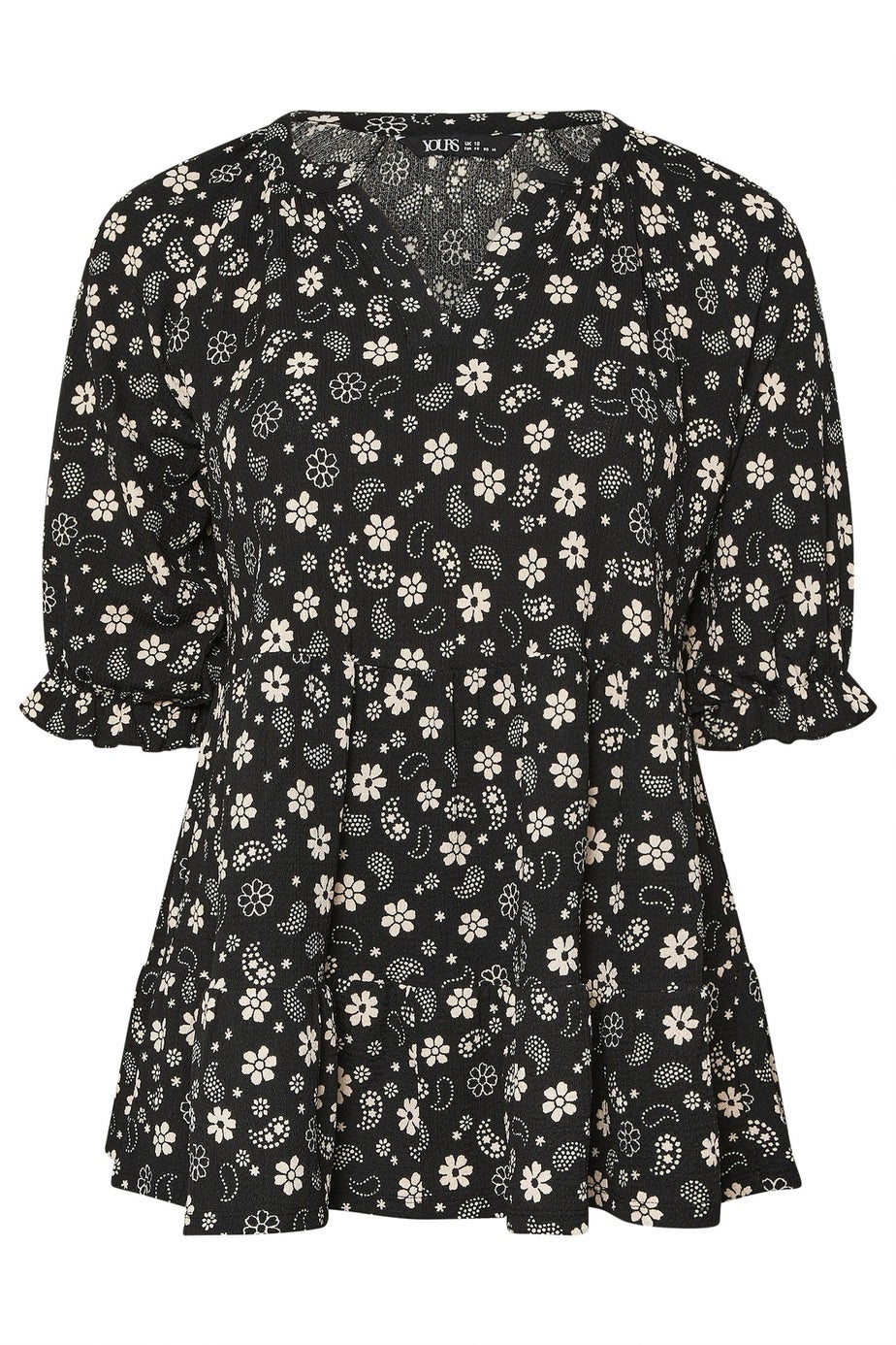 Yours Curve Black Floral Paisley Print Tiered Top