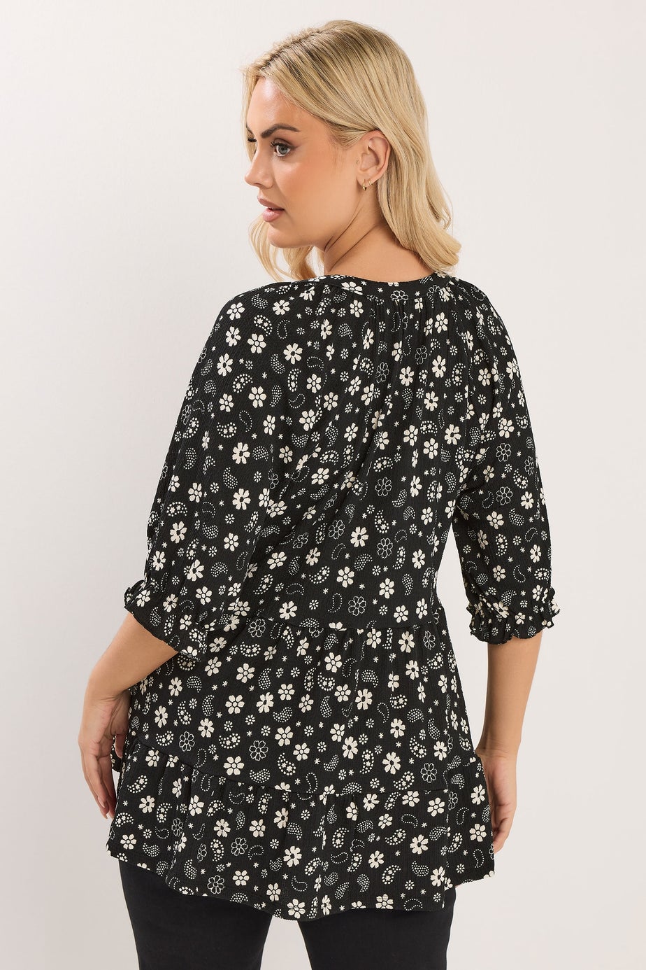 Yours Curve Black Floral Paisley Print Tiered Top