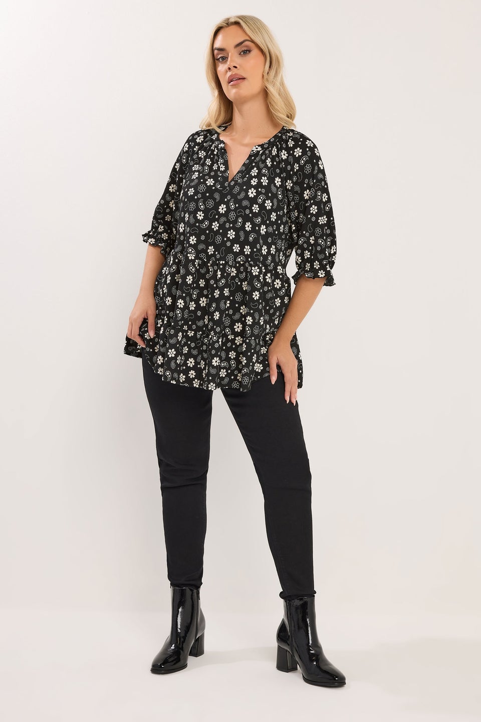 Yours Curve Black Floral Paisley Print Tiered Top
