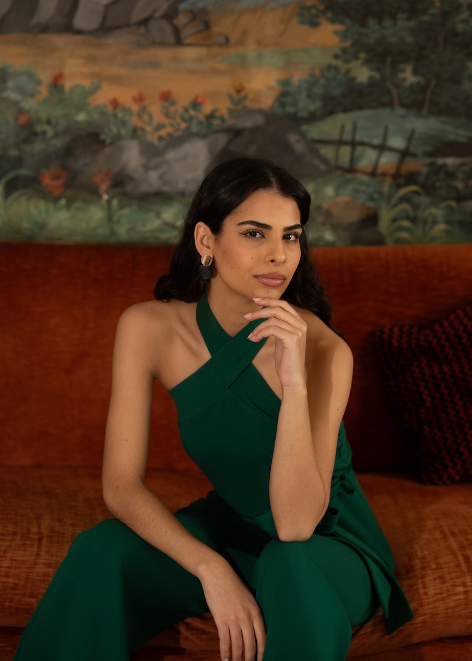 Yumi Green Cross Over Halter Neck Jumpsuit