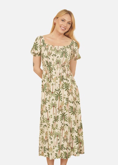 Yumi Beige Cotton Palm Print Ruched Midi Dress