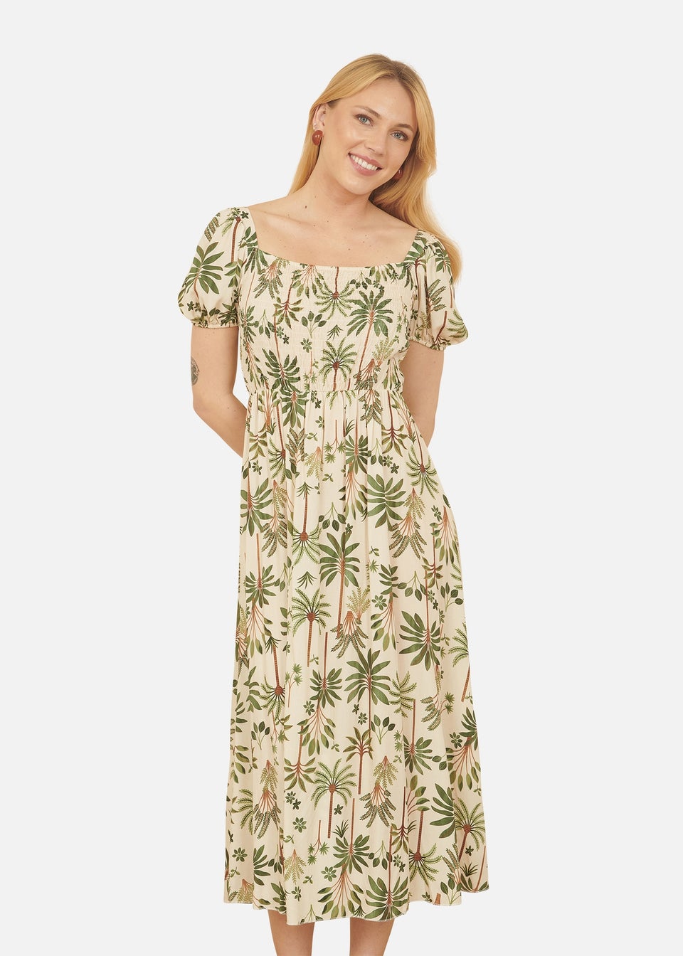Yumi Beige Cotton Palm Print Ruched Midi Dress