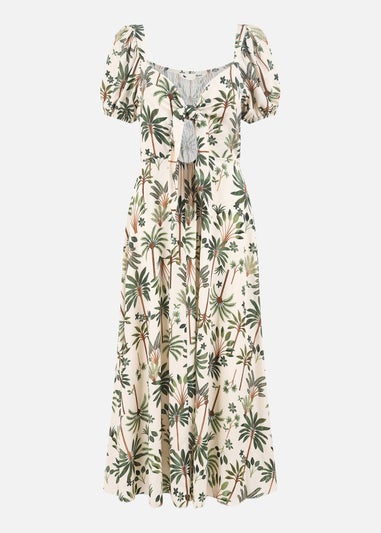 Yumi Beige Cotton Palm Print Ruched Midi Dress