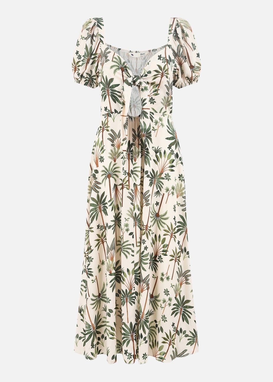 Yumi Beige Cotton Palm Print Ruched Midi Dress