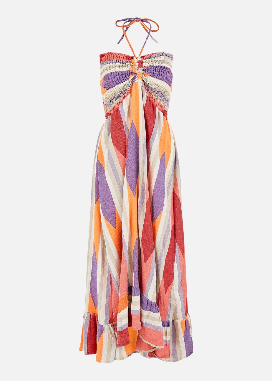 Yumi Multicolour Block Print Halter Neck Cotton Maxi Dress
