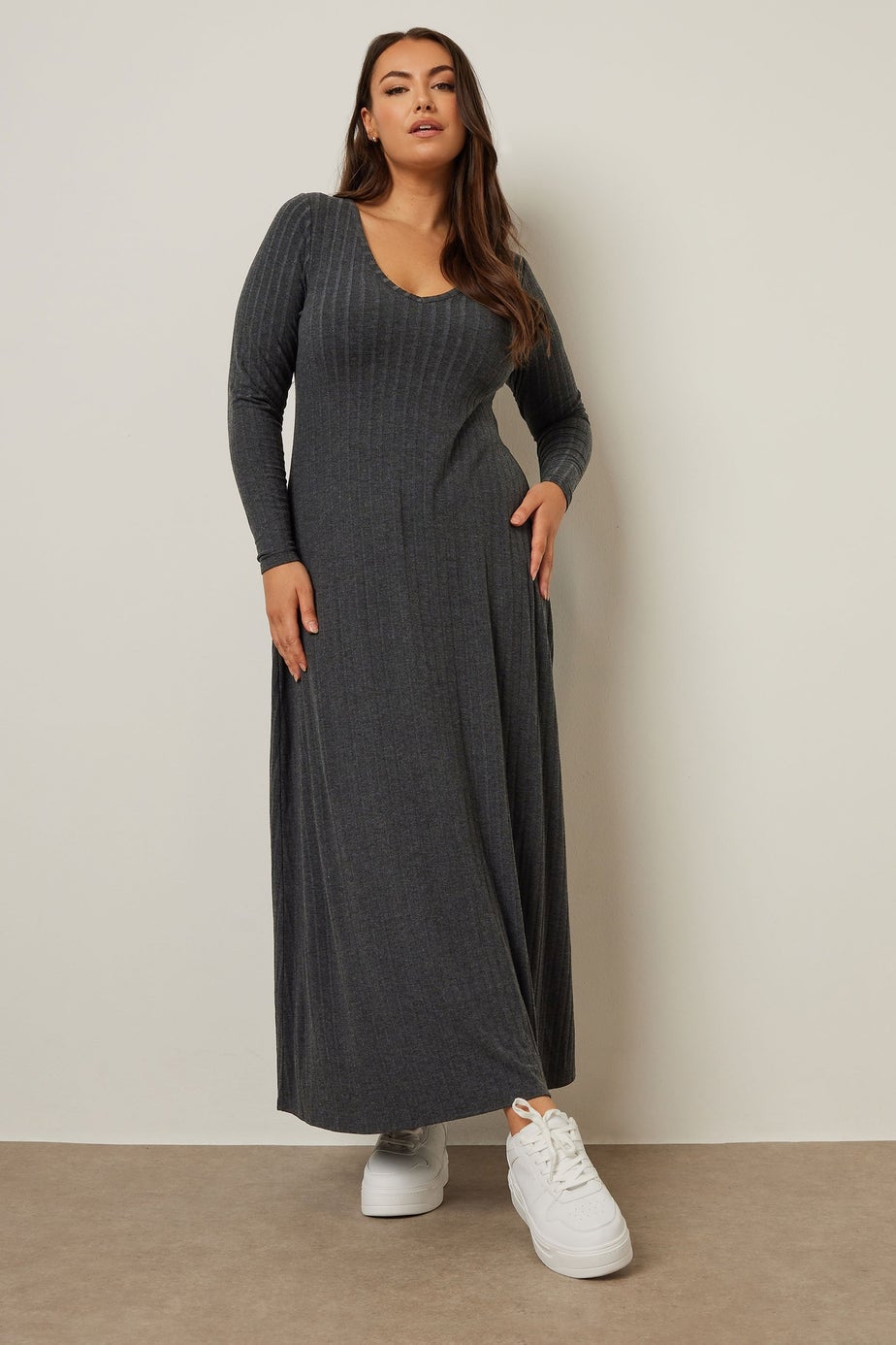 Yours Curve Charcoal Grey Ribbed Flare Maxi Dress