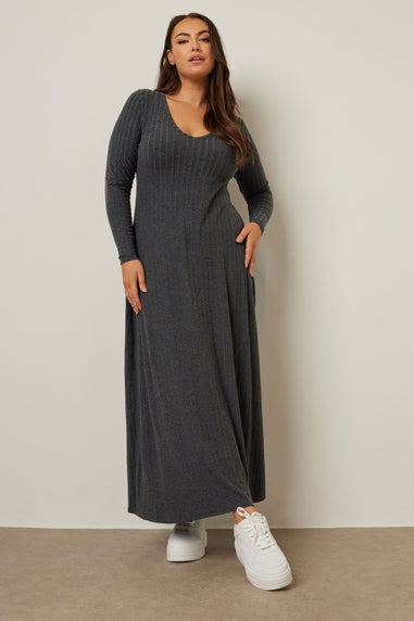 Yours Curve Charcoal Grey Ribbed Flare Maxi Dress