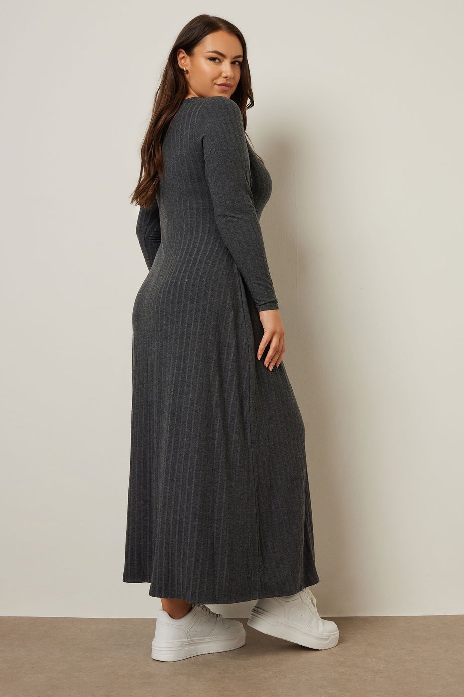 Yours Curve Charcoal Grey Ribbed Flare Maxi Dress