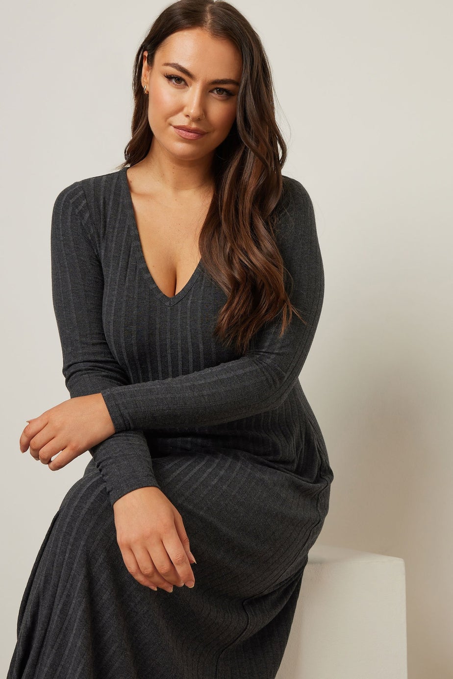 Yours Curve Charcoal Grey Ribbed Flare Maxi Dress