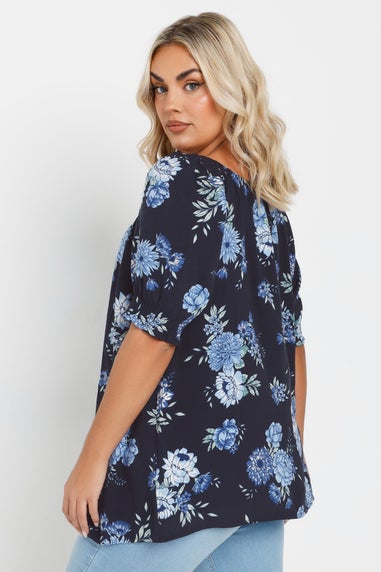 Yours Curve Navy Blue Floral Tie Neck Top