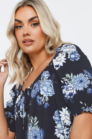 Yours Curve Navy Blue Floral Tie Neck Top