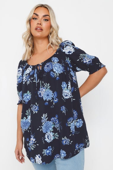 Yours Curve Navy Blue Floral Tie Neck Top
