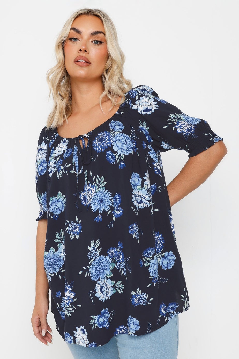 Yours Curve Navy Blue Floral Tie Neck Top