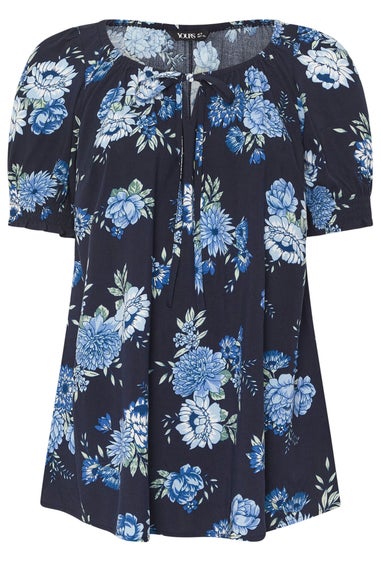 Yours Curve Navy Blue Floral Tie Neck Top