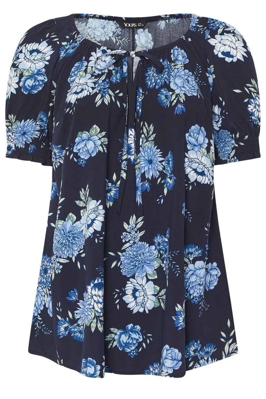 Yours Curve Navy Blue Floral Tie Neck Top