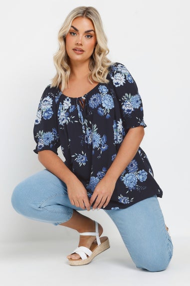 Yours Curve Navy Blue Floral Tie Neck Top