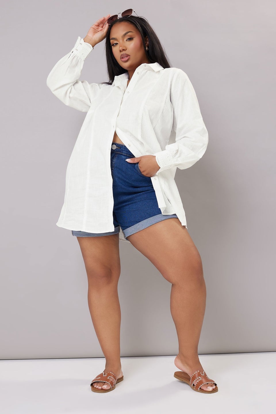 YOURS Curve White Trim Detail Oversized Shirt