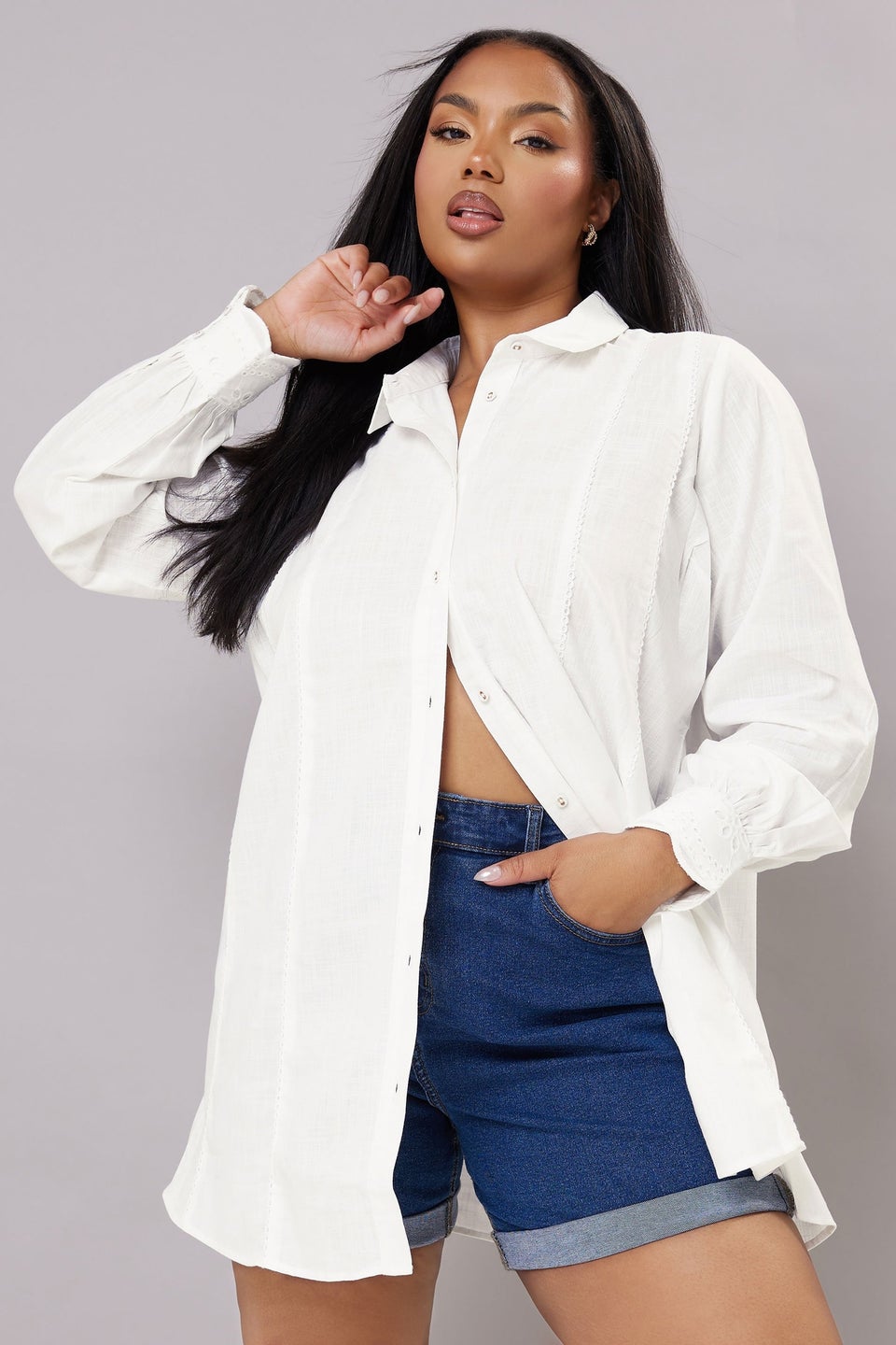 YOURS Curve White Trim Detail Oversized Shirt
