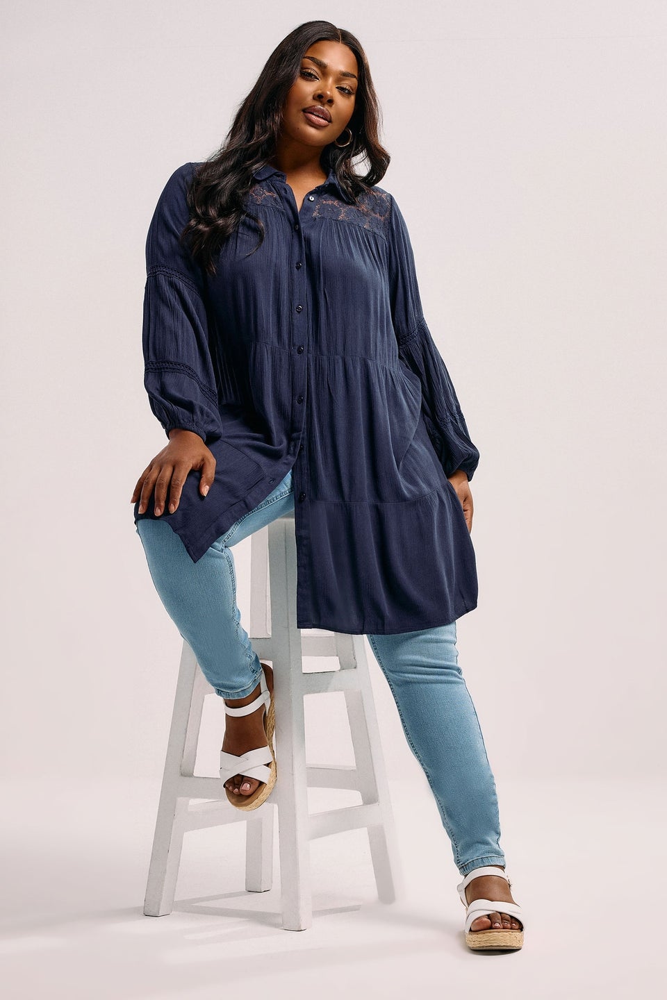 YOURS Curve Navy Blue Tiered Crochet Detail Shirt