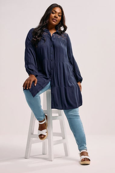 YOURS Curve Navy Blue Tiered Crochet Detail Shirt