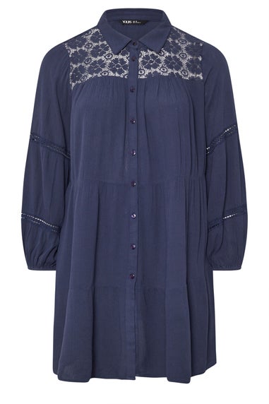 YOURS Curve Navy Blue Tiered Crochet Detail Shirt