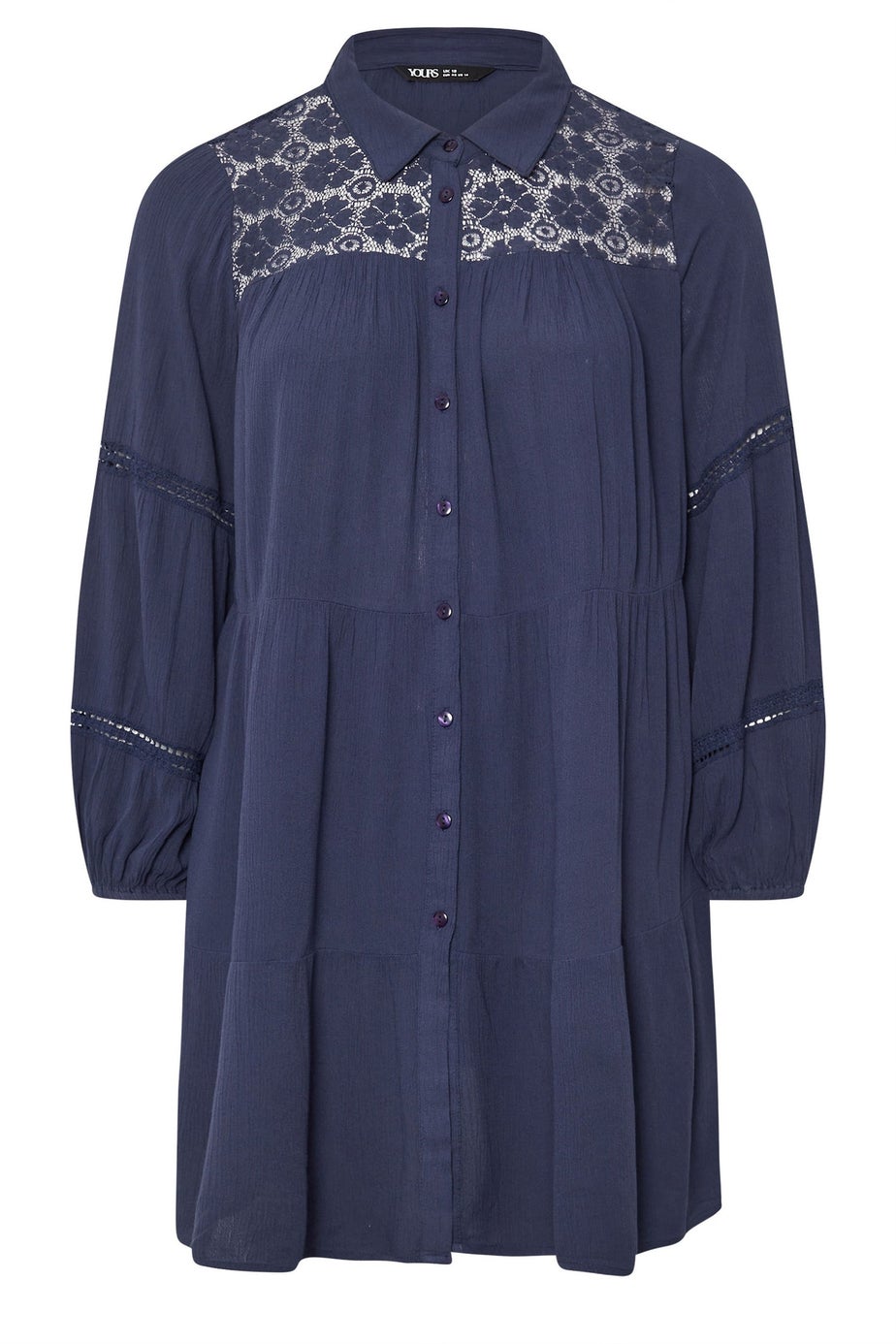 YOURS Curve Navy Blue Tiered Crochet Detail Shirt