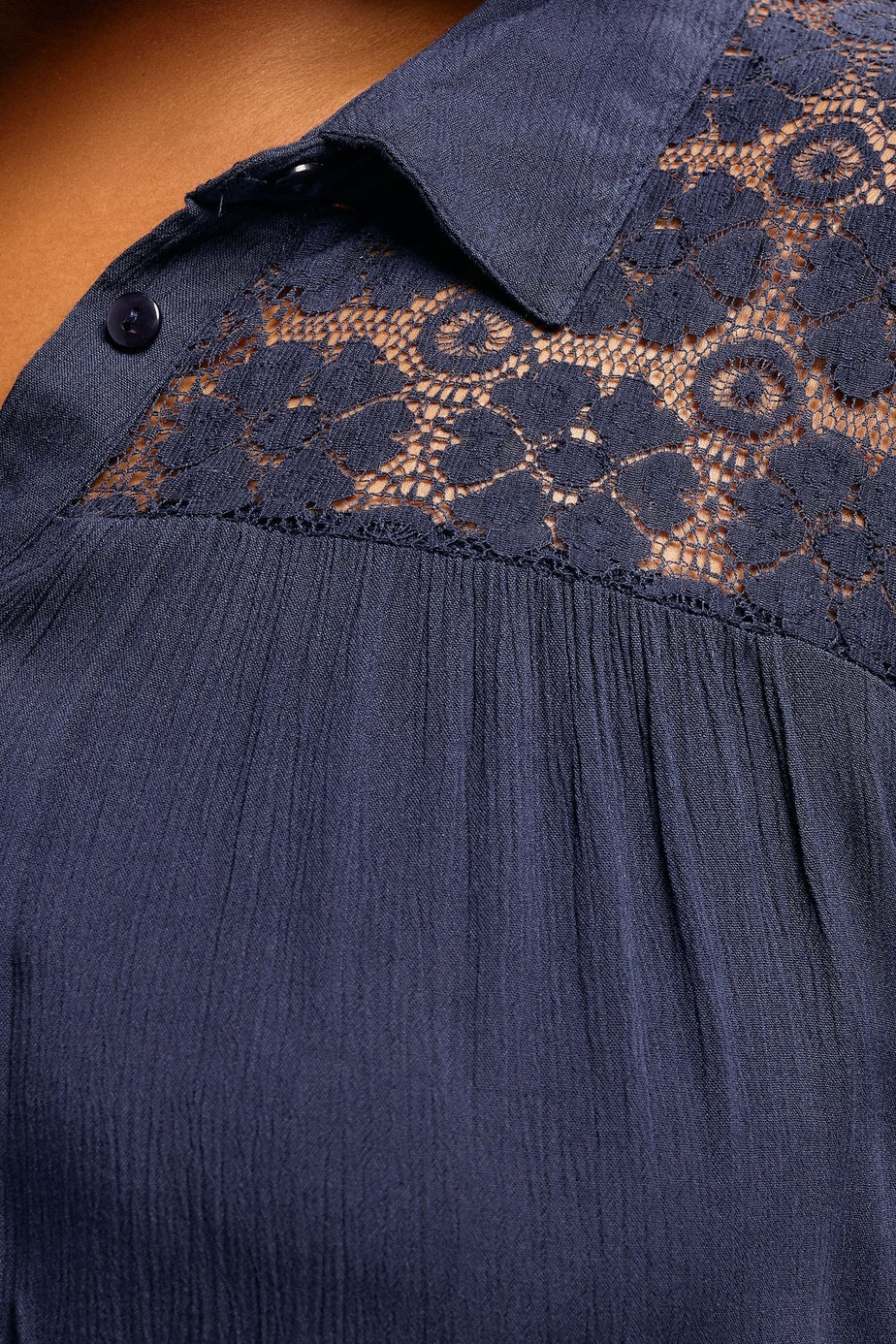 YOURS Curve Navy Blue Tiered Crochet Detail Shirt