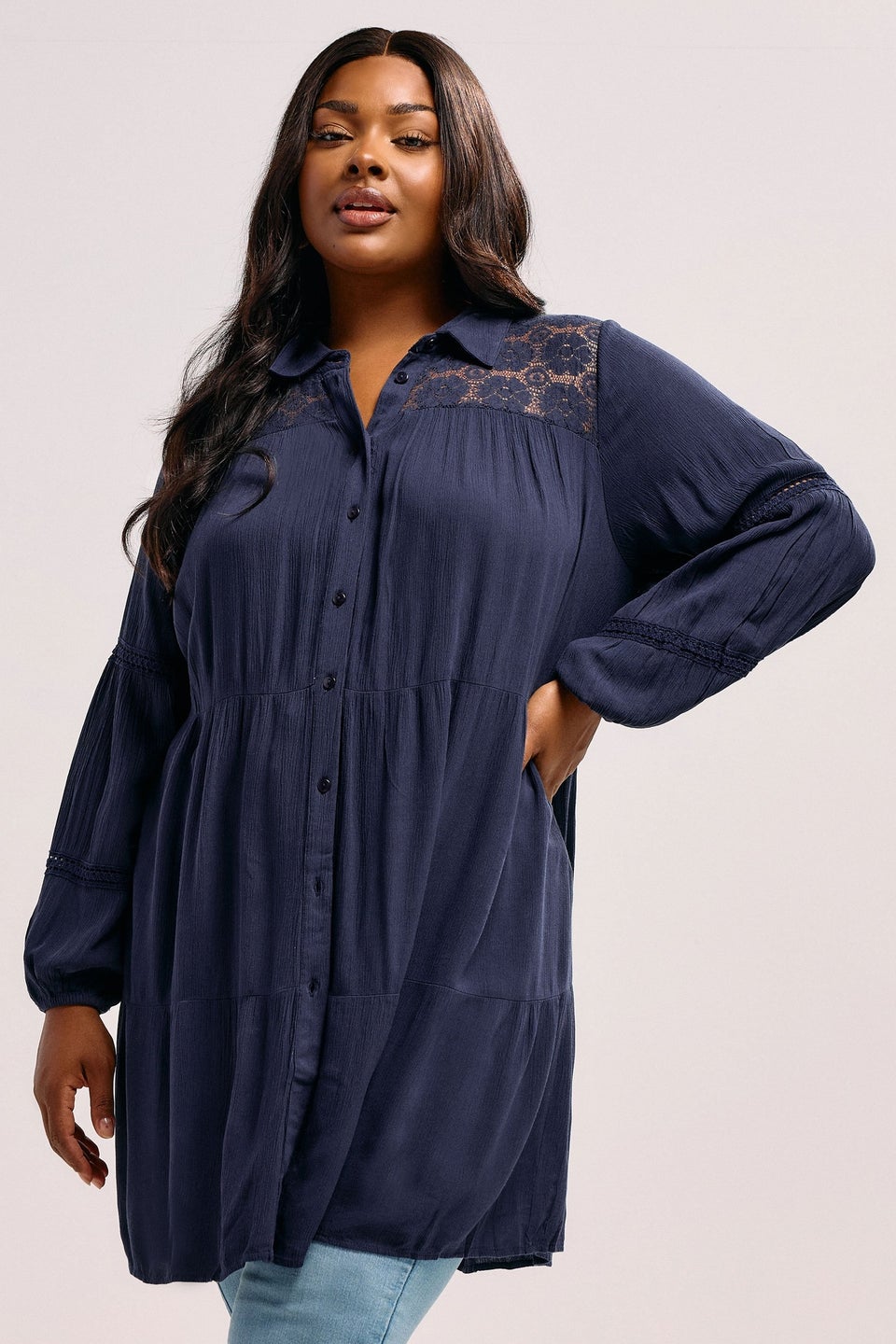YOURS Curve Navy Blue Tiered Crochet Detail Shirt