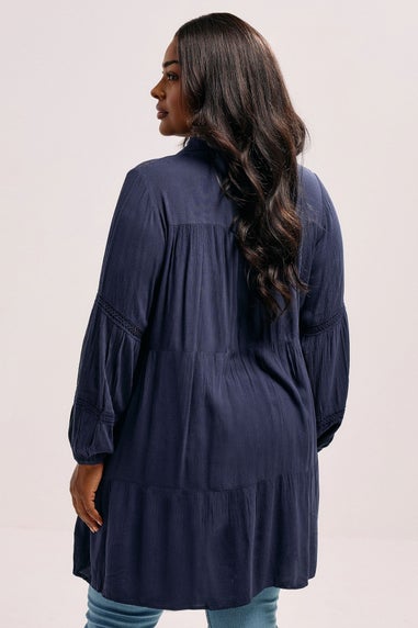 YOURS Curve Navy Blue Tiered Crochet Detail Shirt