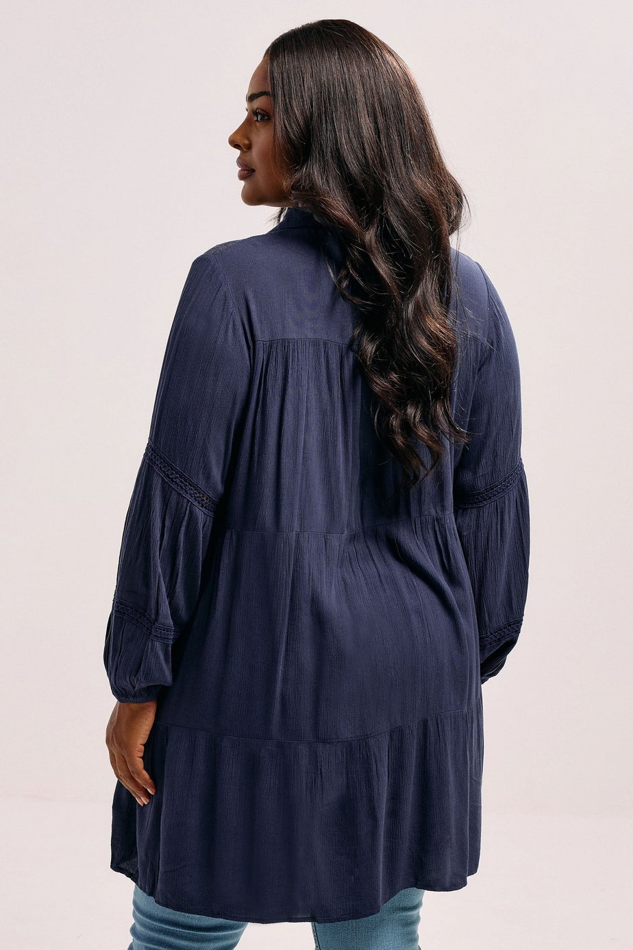 YOURS Curve Navy Blue Tiered Crochet Detail Shirt