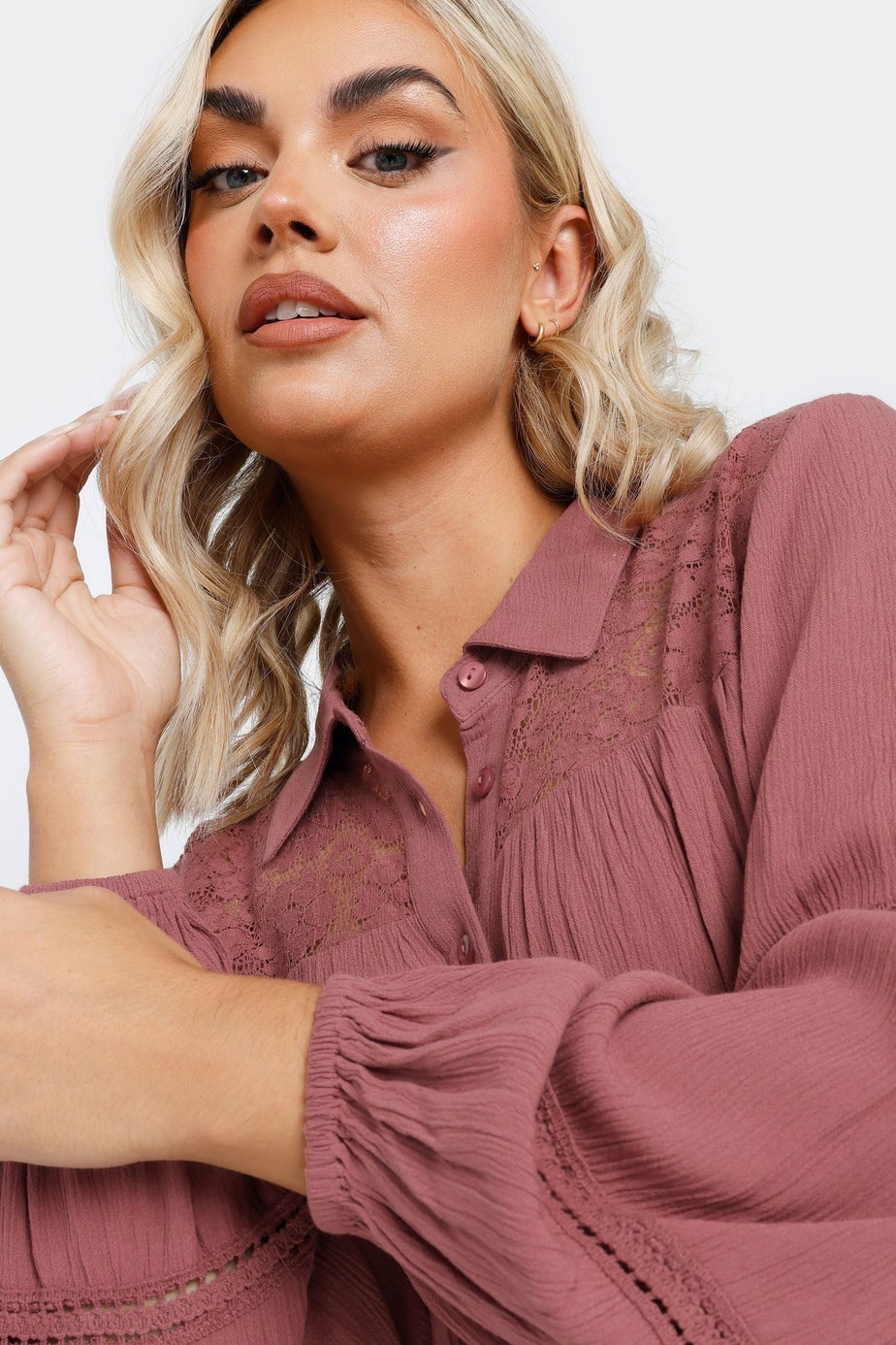 YOURS Curve Dusky Pink Tiered Crochet Detail Shirt