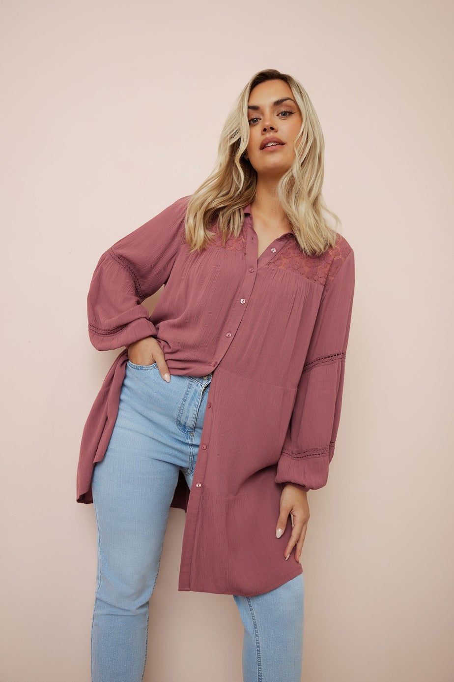 YOURS Curve Dusky Pink Tiered Crochet Detail Shirt