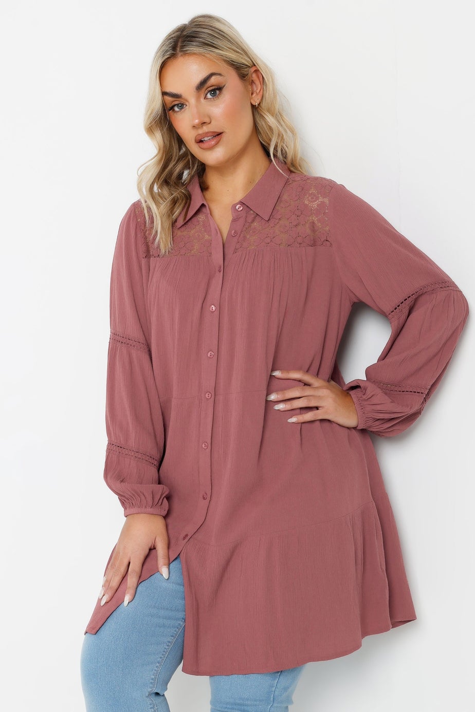 YOURS Curve Dusky Pink Tiered Crochet Detail Shirt