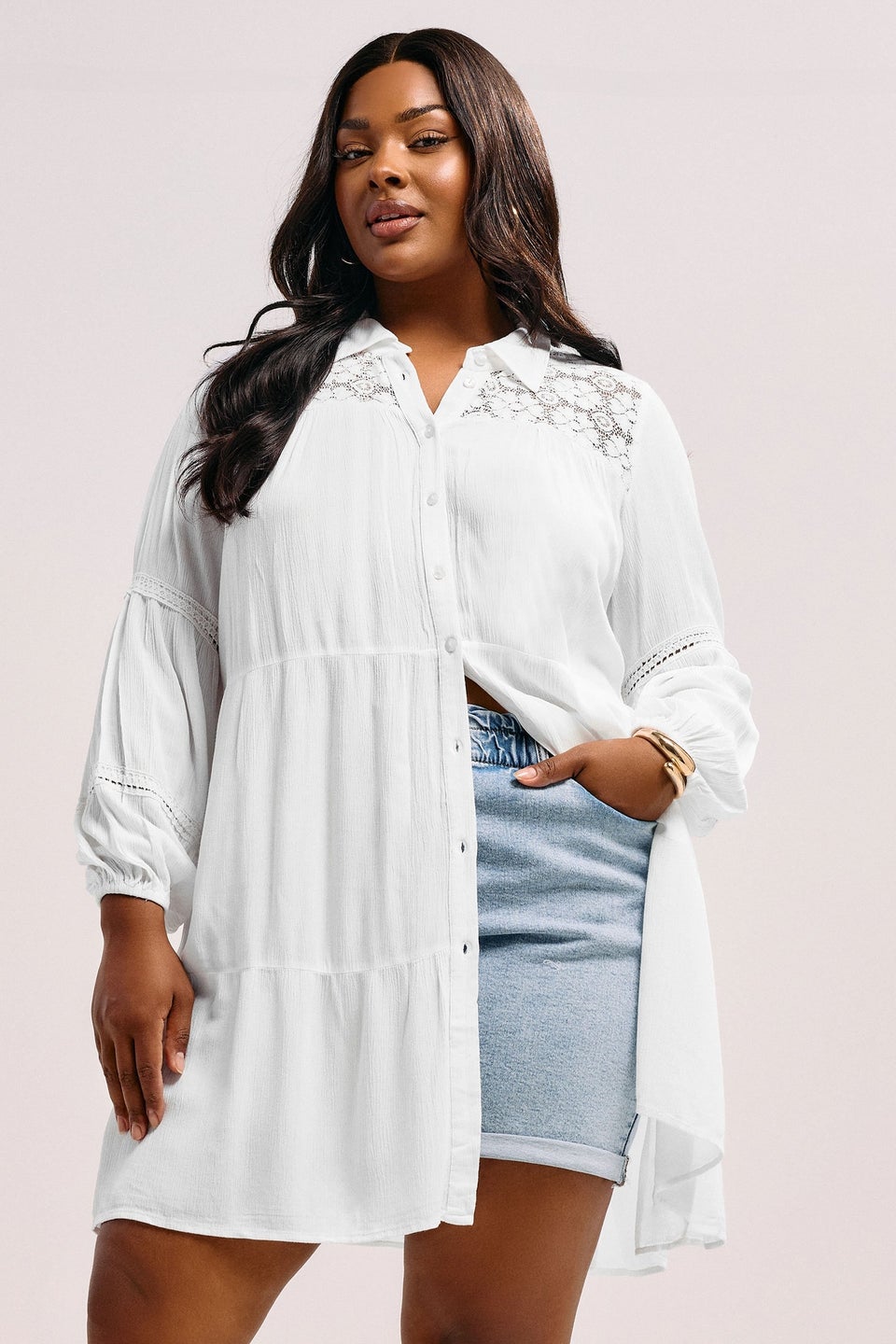 YOURS Curve White Tiered Crochet Detail Shirt